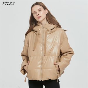 Winter Women Faux Leather Padded Hooded Coat Thick Warm PU Zipper Jacket Loose Oversized Parkas Casual Windbreak Outwear 210430