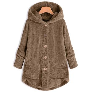 Женщины зимние негабаритные пальто роскошный с длинным рукавом шерсть с капюшоном мода теплый сплошной цвет кнопки толстая одежда для леди 211104