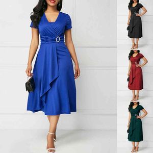 Elegant Women Dress Fashion High Waist Plain Asymmetric Midi OL Casual Short Sleeve Party Sexy Black Long Plus Size 210514