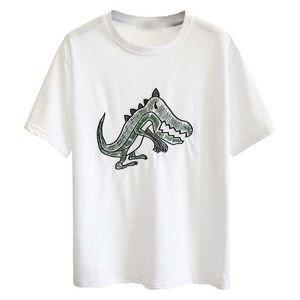 Tal vez U dinosaurio blanco bordado verde manga corta cuello redondo camiseta Tops camisetas mujer B0109 210529