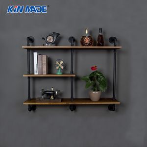 KINMADE Industrial Iron Water Pipe 3 Tier Shelves Wall Mount Wine Rack Living Room Decor Bookcase