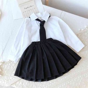 Kinderkleidung Set Koreaner Herbst Britischer Stil Student Langarm Hemd + Falten Rock 2 stücke Uniform 210528