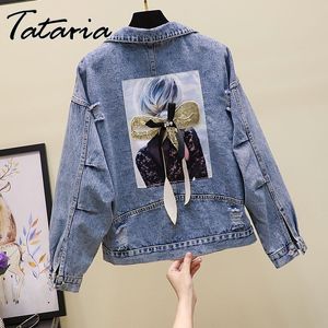 Women Embroidery Flowers Denim Jacket Turn-down Collar Jean for Loose Casual Ripped Holes Coat Female Outwear 210514