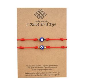 7 Knoten blaues böses Auge-Armband, verstellbare glückliche rote Schnur-Armbänder, Paar-Schmuck, Freundschaftsarmbänder mit Geschenkpapierkarte, 2 Stück/Set