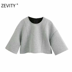 ZEVITY women simply solid color short sleeve casual smock blouse shirts women basic back zipper knittted blusas chic tops LS7174 210603