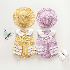 Spanska Baby Girl Broderi Bomull Rompers med Hat Koreansk stil Spädbarn Lotia Jumpsuit Födelsedag Outfit 210615