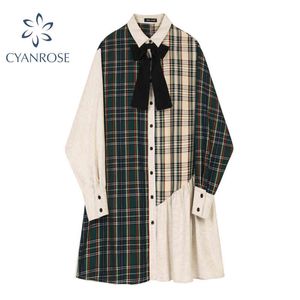 Long Sleeve Lapel Dress Women Spring Autumn Patchwork Japanese Casual Style Vintage Fashion Elegant Plaid Female Dress 210417