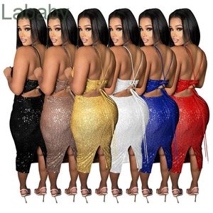 2022 Women Casual Dresses Designers Clothes Summer Sexy Suspender Backless Lace Up Sequin Slim Bodycon Dress Nightclub Plus Size