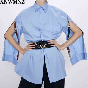 Za Top Fashion Women Denim Blue Bluzka Jesień Lapel Neck Długim Rękawem Koszulki Casual Blusas Femininas Work Tops Tunika 210510