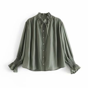 Oversize Women Lace Collar Single Breasted Bluzka Wiosna Moda Damska Vintage Luźne Kobiet Rękaw Puff Green Koszula 210515