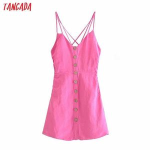 Tangadaの女性のピンクの綿のリネンのドレスノースリースの背中のない夏のファッション女性のドレスvestido 3h415 210609