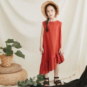 Ins Girl Summer Dress Linen Clothing Dress Kids Princess Casual Summer Clothings Q0716