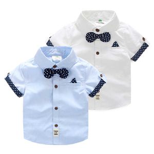 Summer Children'S Birthday Party Clothing Cotton Short Sleeve Polka Dot Patchwork Child Kids Handsome Boy Bow Tie Shirt 210701