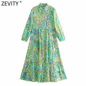 Zevity Women Vintage Totem Floral Print Platser Skjorta Klänning Kvinna Singel Breasted Graffiti Vestido Chic A Line Midi Dress DS8376 210603