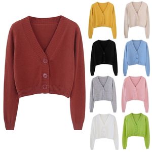 Kobiety Jesień Długim Rękawem Sweter Cardigan Sexy V-Neck Button Down Cropped Kurtka Słodki Cukierki Color Luźne Dzianiny Outwear C 211018