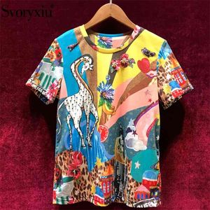 Svoryxiu Runway Summer Vintage Cotton Tees Tops Women's luxury Crystal Cartoon Leopard Print Casual Short Sleeve T Shirts 210401