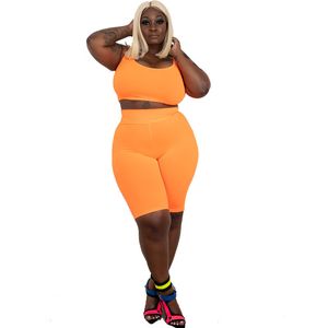 Kvinnor Två stycken Set Crop Tops Ärmlös med Shorts Plus Storlek XXXL Elastic Bodycon Clubwear Sexig Blå Rose Röd Orange Kvinna 210416