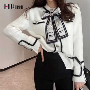 Koreanska Vintage Faux Mink Cashmere Coat Kvinnor Vinterkläder Bow Scarf Contrast Color Crop Sweater Cardigan Jackor Ytterkläder 211112