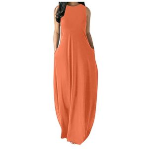 Fritidsklänningar Mode Sommar Maxiklänning Kvinnor Solid Solklänning Lös Ärmlös Kvinna Hög midja Vestidos Robe Femme Plus Size 5XL