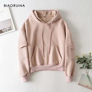 Kadın Hoodies Tişörtü Biaoruina Pembe Kadife Astar Tatlı Cepler Kadın Rahat Minimalist Sonbahar Kış Kapüşonlu Sweatshirt Aktif Aşınma