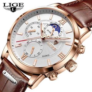 Lige Mode Männer Uhren mit Leder Top Marke Luxus Sport Chronograph Quarz Wasserdichte Uhr Männer Relogio Masculino 210527