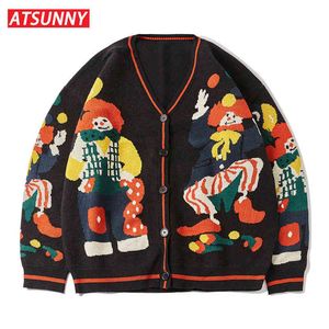 Atsunny Broderi Magic Clown Harajuku Tröja Retrostil Stickad tröja Höst Cardigan Toppar 211221