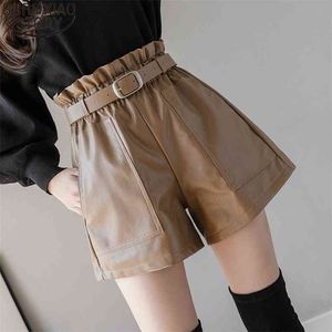 Fashion PU Leather Shorts Women High Waist with Waistband Autumn and Winter Streetwear Solid Wide Leg 11091 210506