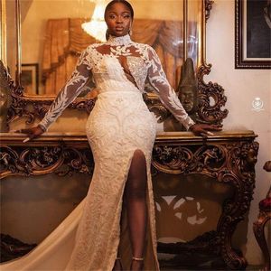 Hög Collar African Mermaid Bröllopsklänning Långärmad Lace Appliques Beaded Vintage Bridal Gowns Sexig Side Slit Vestido de Novia