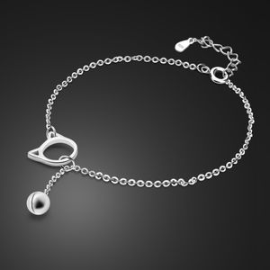 Todo 100% 925 Sterling Prata Bonito Doce Gatinho Bell Anklets Mulher Menina Simples Beach Foot Chain Jóias Presente