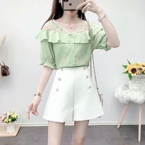 Kvinnors Tracksuits Sweet Lace Stitching Chiffon Blouse Top Tall Waist Wide-Legged Byxor Tvådelad Outfit Shorts Suit Summer 2021 Women Clo