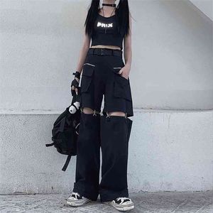 QWEEK Techwear Gothic Black Cargo Hosen Frauen Streetwear Aushöhlen Punk Breite Bein Übergroßen Taschen Hosen Für Weibliche Hip Hop 210925