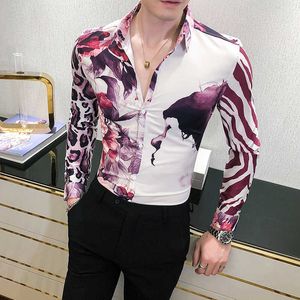 Рубашки для мужчин леопардовый сшивание с длинным рукавом повседневная рубашка мужской социальный бизнес платья рубашки уличная одежда Camisa Masculina 210527