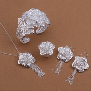 silver color set charm elegant hollow big flowers Necklace Bangles Dangle Earrings Ring fashion party jewelry S444