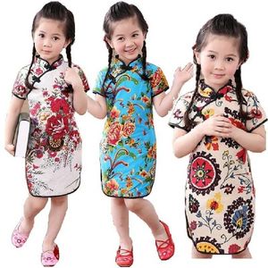 Rose Floral Baby Girls Qipao Dress Chinese Traditional Chi-pao Fashion New Year Children Dresses Kids Cheongsam Linen Clothes Q0716