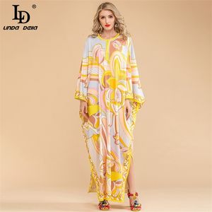 Lato Moda Runway Luźna Maxi Dress Plus Size Kobiety Batwing Rękaw Czeski Knitting Elastyczny Drukuj Długie 210522