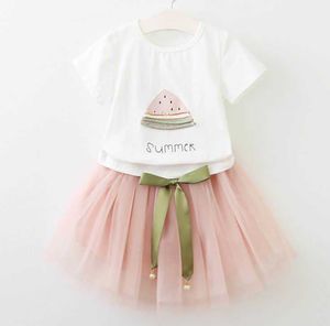 Оптовая продажа летних девочек одежда комплекты арбуза печатная футболка + марлевая юбка из двух частей модных нарядов детей E869 210610
