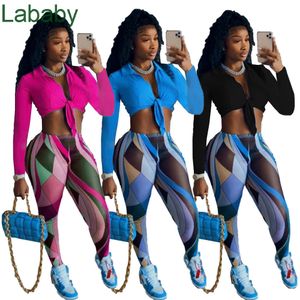 Women Tracksuits Designer Printed Two Piece Matching Set Long Sleeve Shirt Turn Down Collar Crop Top Workout Legging Female Clothes