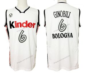 Custom Retro Manu Ginobili #6 Italia Bologna Basketball Jersey Cucite White Size S-4xl Qualsiasi nome e numero di maglie di alta qualità