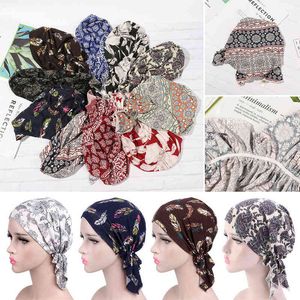 Summer Winter Women Flower Muslim Ruffle Cancer Chemo Hat Fashion Beanie Scarf Turban Head Wrap Cap Printed Headwear Lady Hats Y1229