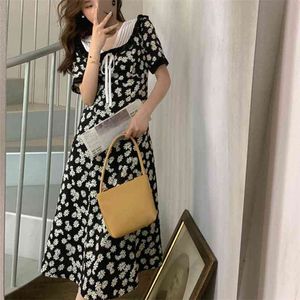 Vintage Daisy Print Chiffon Black Women Summer Dress Short Sleeve Holiday Female Party Beach Boho Vestidos Robe Femme 210514