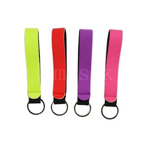 Party Favor Solid Color Neoprene Wristlet Keychains Lanyard Strap Band Split Ring Key Chain Holder Hand Wrist Keychain Festive Favors