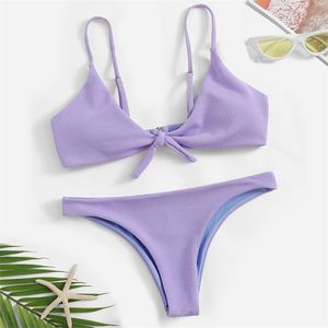 Sexig Ribbed Baddräkt Kvinna Bandeau Bikini Set Solid Vit Lila Badkläder Kvinnor Baddräkt Badare Badar 210629