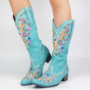 Sariris Moda Mistura Cor Knee-Alta Grande Qualidade Mulheres Sapatos Plus Tamanho 43 Bordado Western Boots Y0914