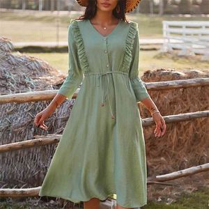 인가 V 넥 프릴 긴 드레스 여성 의류 버튼 A 라인 봄 가을 우아한 녹색 Boho Vestidos 210427
