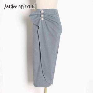 TWOTWINSTYLE Striped Patchwork Pearl Skirt For Women High Waist Asymmetrical Midi Skirts Female Fashionable Clothing Summer 210517