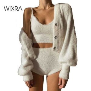 Wixra Bayan Suits Tifte Ev Giymek Uzun Kollu Hırka + Elatic Bel Şort Bayan High Street Rahat Tatlı Setleri Y0702