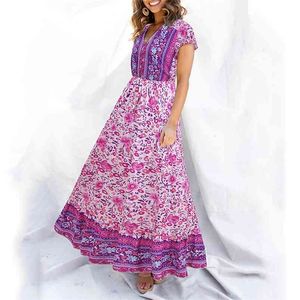 bohemian floral print maxi long dress women v neck ruffle button beach summer purple boho holiday 210427