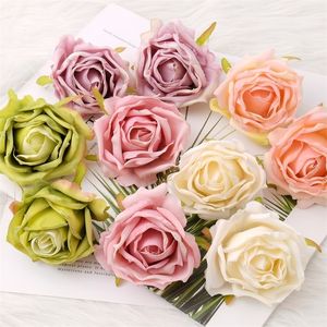 30PCs Oljemålning Vintage 7cm Rose Artificial Silk Flower Heads Bröllopsdekoration DIY Wreath Scrapbooking Craft Fake Flowers 220311