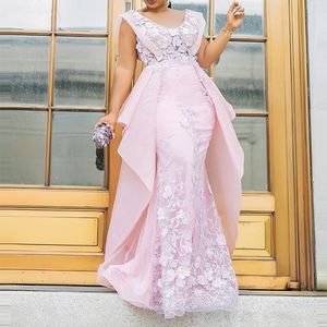 Chic Pink Scoop Mermaid Prom Dresses Koronki Satin Szyfonowe Kobiety Formalna Sukienka Custom Made Plus Size Evening Suknie 2021