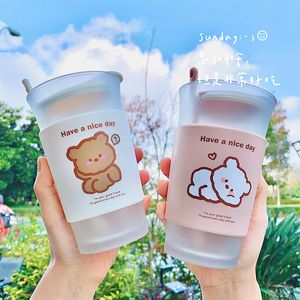 Creative Cute Bear Glass Water Bottles Office Home Universal With Spoon Coffee Frosted Cups Cup Sleeve